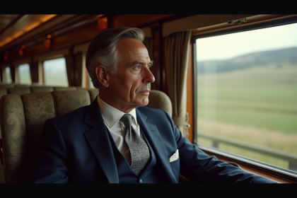 Homme d'âge moyen en costume navy regardant par la fenêtre du train