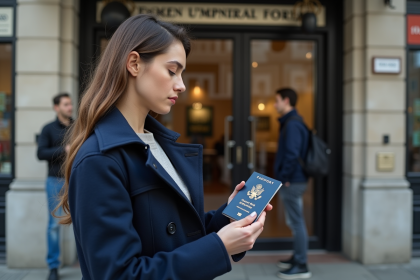 Jeune femme avec passeport devant bureau immigration