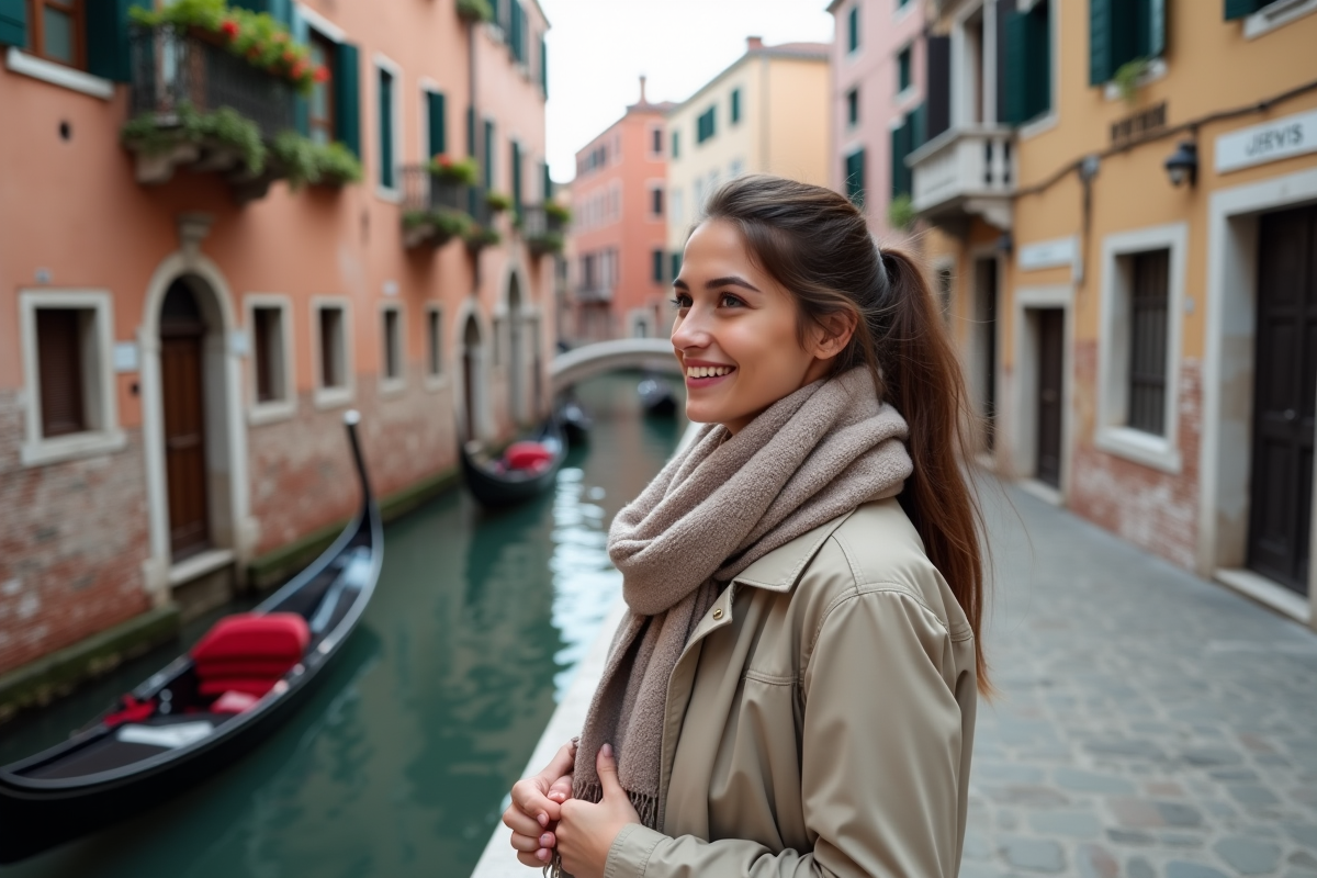 Jeune femme souriante sur un pont à Venise