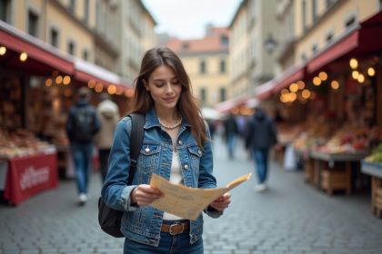 Jeune femme avec sac à dos dans une vieille ville européenne