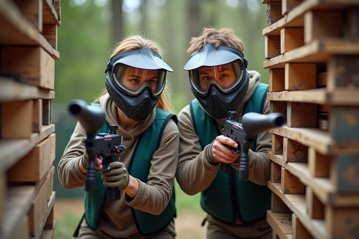 Jeunes adultes en équipement paintball derrière palettes