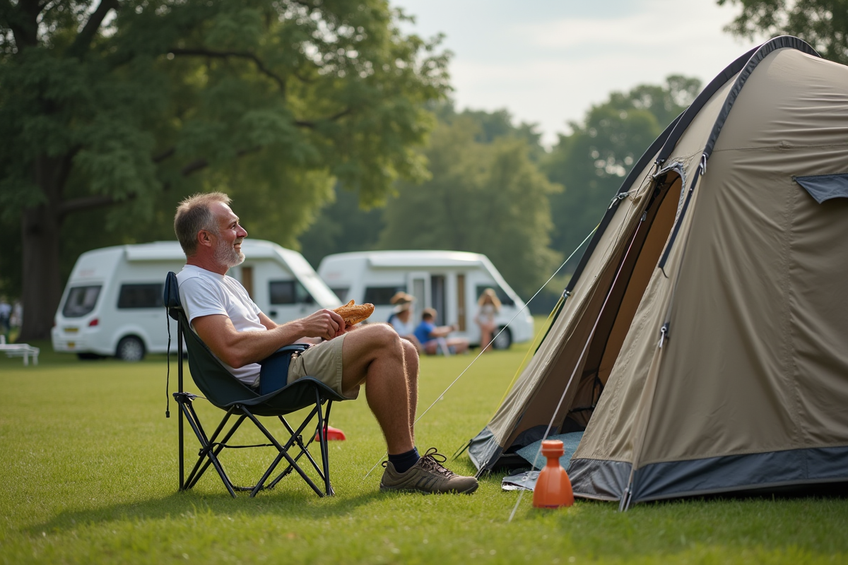 Voyageur seul relaxant devant sa tente avec baguette