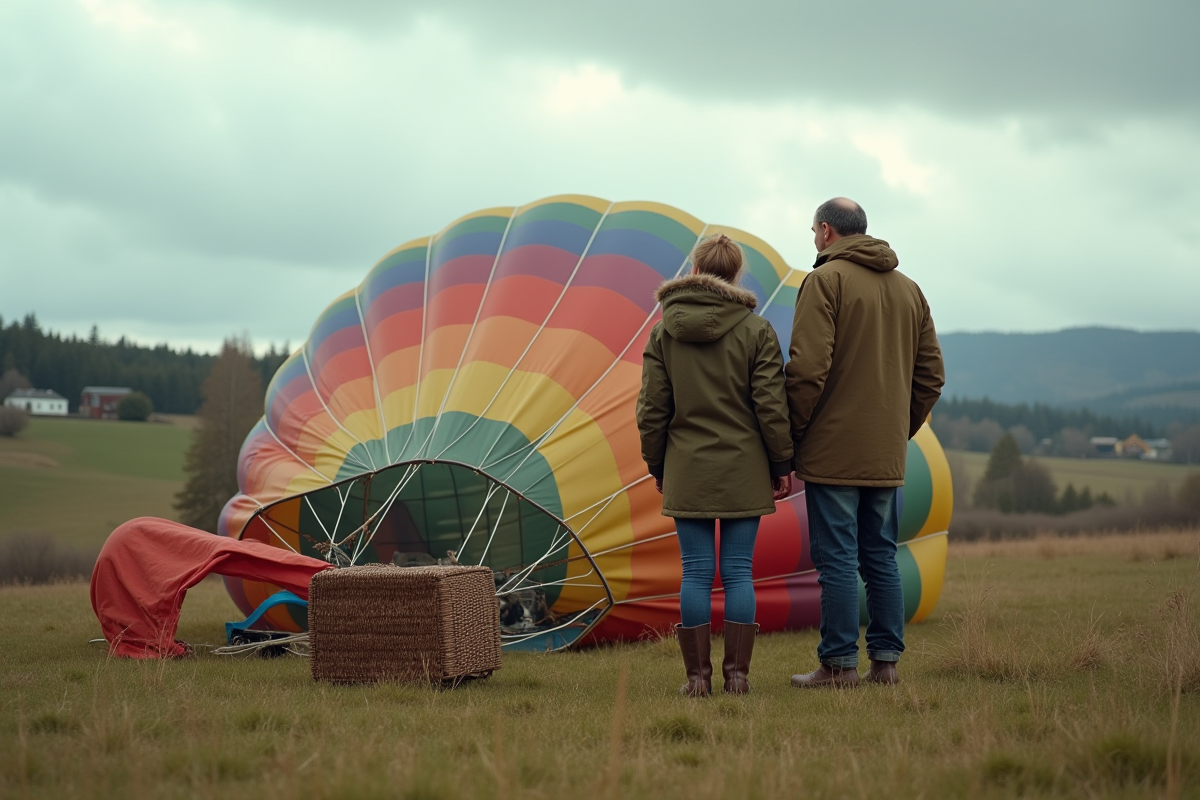 Homme et femme dans un champ avec ballon deflating
