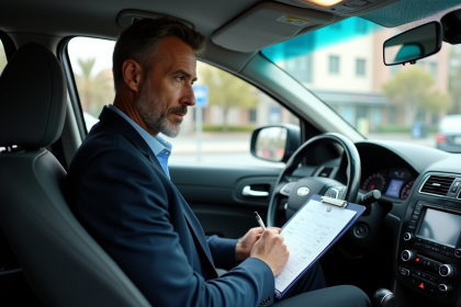 Conducteur de taxi remplissant un reçu dans le véhicule