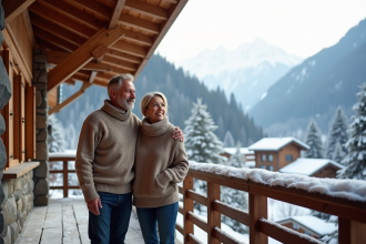 Couple en sweaters d'hiver sur la terrasse d'un chalet alpin