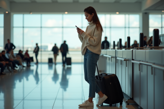 Jeune femme dans un aéroport en attente de vol