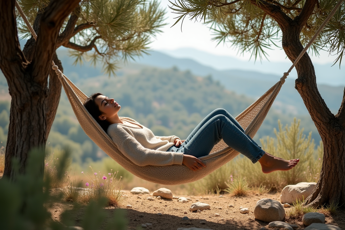 Jeune femme dormant dans un hamac entre oliviers en méditerranée