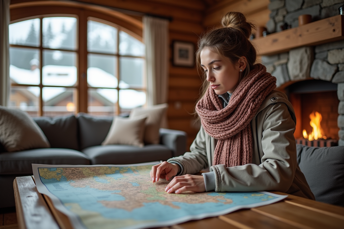Jeune femme regardant une carte dans un chalet montagnard