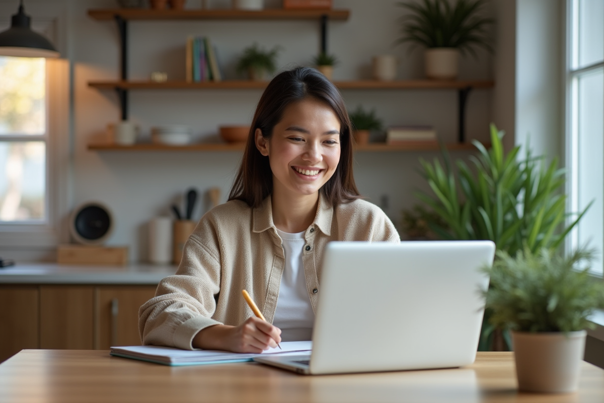 Femme souriante comparant des options de voyage sur son ordinateur