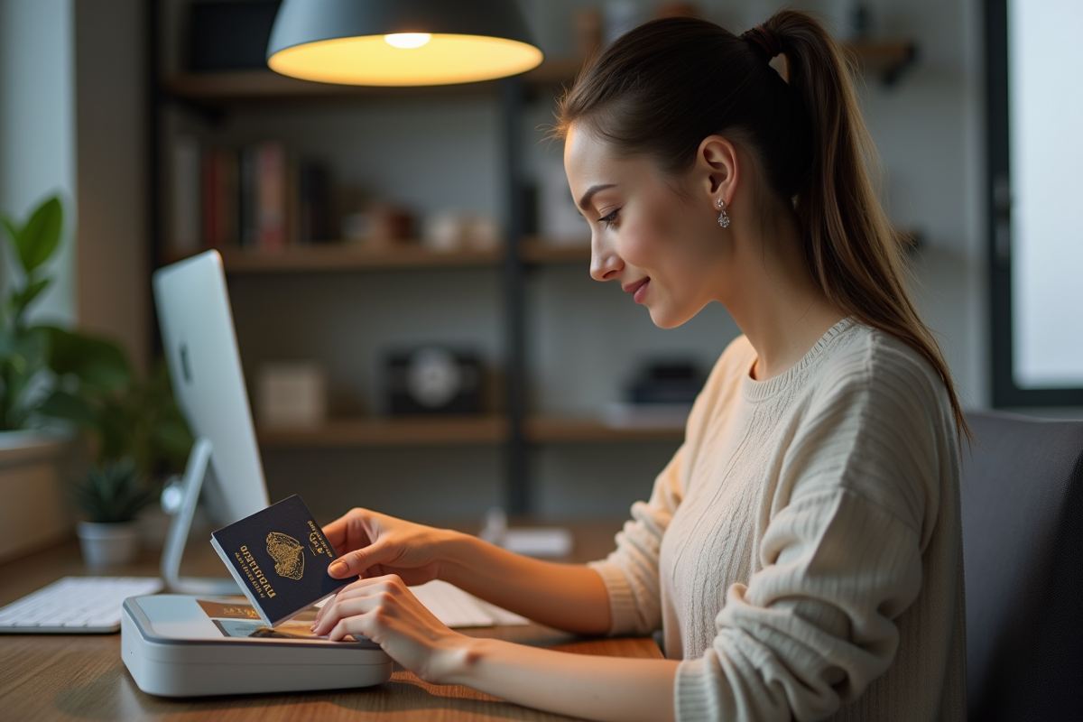 Jeune femme plaçant son passeport sur un scanner à domicile