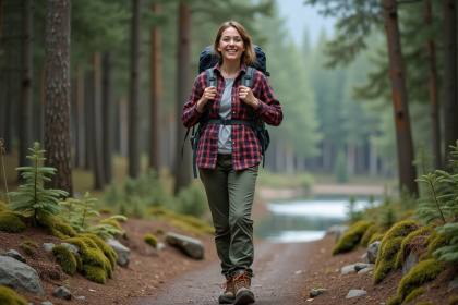 Femme souriante en randonnée dans la forêt