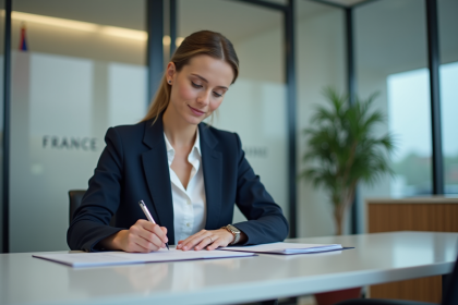 Femme en blazer bleu clair travaillant au consulat