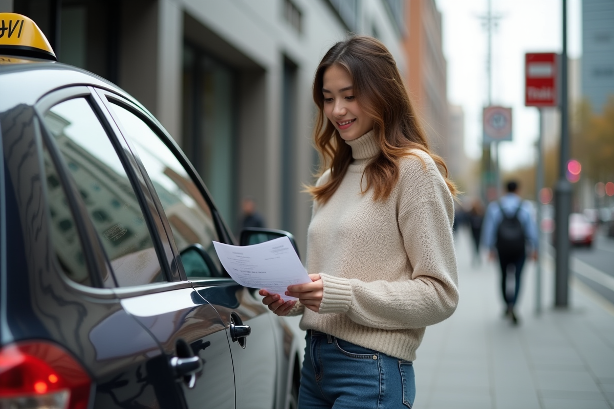 Jeune femme vérifiant un reçu à côté d’un taxi dans la ville