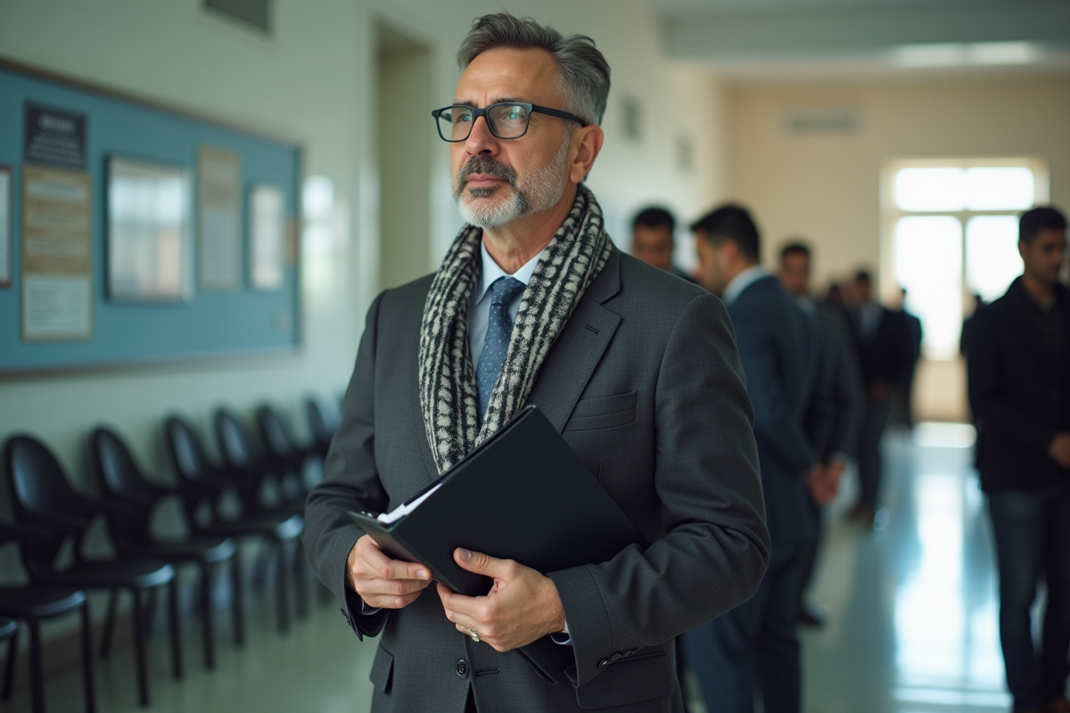Homme en costume attendant à la réception du consulat