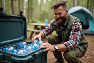 Homme d'âge moyen avec glacière en forêt camping