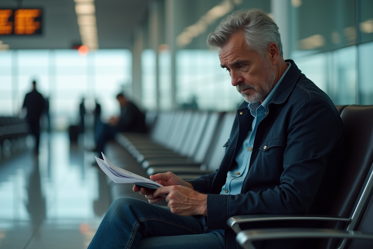 Homme inquiet en attente à l'aéroport avec passeport