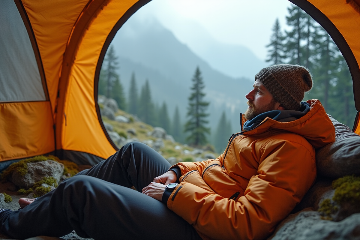 Homme détendu dans une tente bulle sur un sommet de falaise