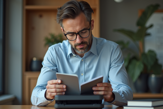 Homme scannant un passeport dans un bureau moderne