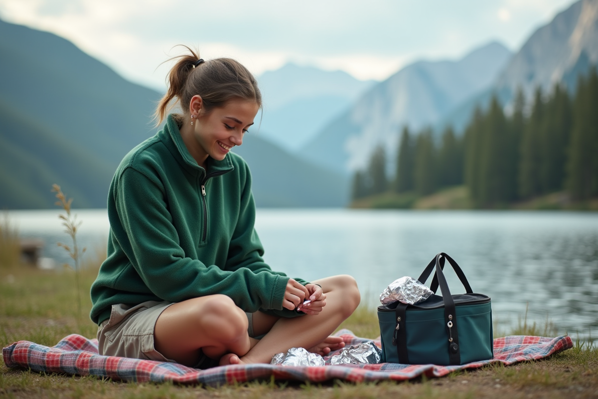 Jeune femme préparant des snacks au bord du lac camping
