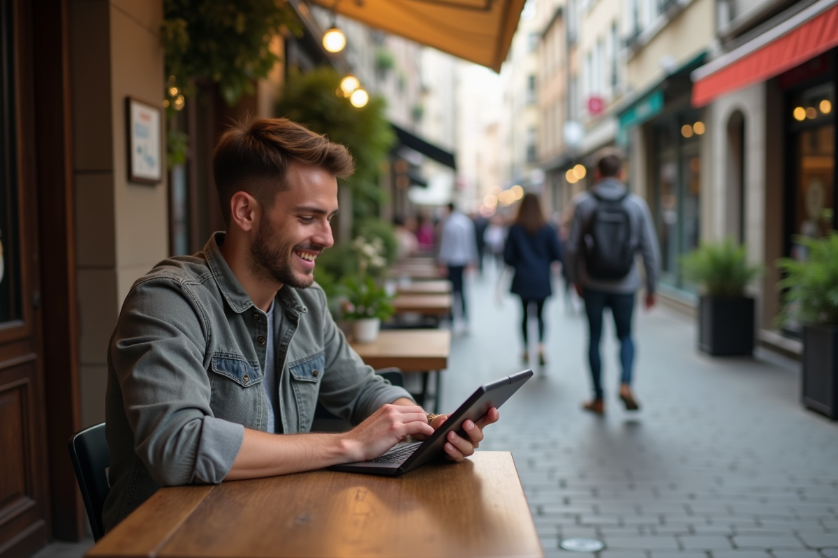 Jeune homme au café cherchant des hôtels sur sa tablette