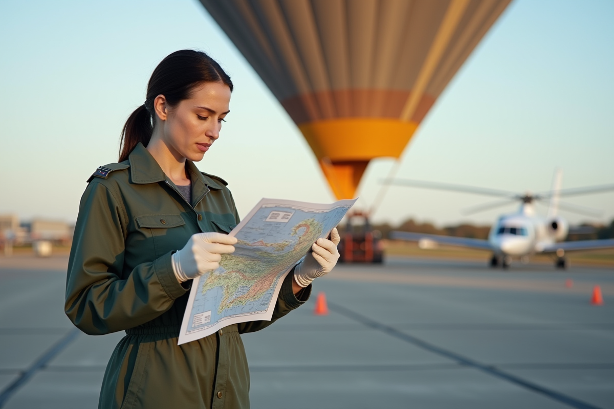 Jeune femme pilote avec carte et ballon tethered