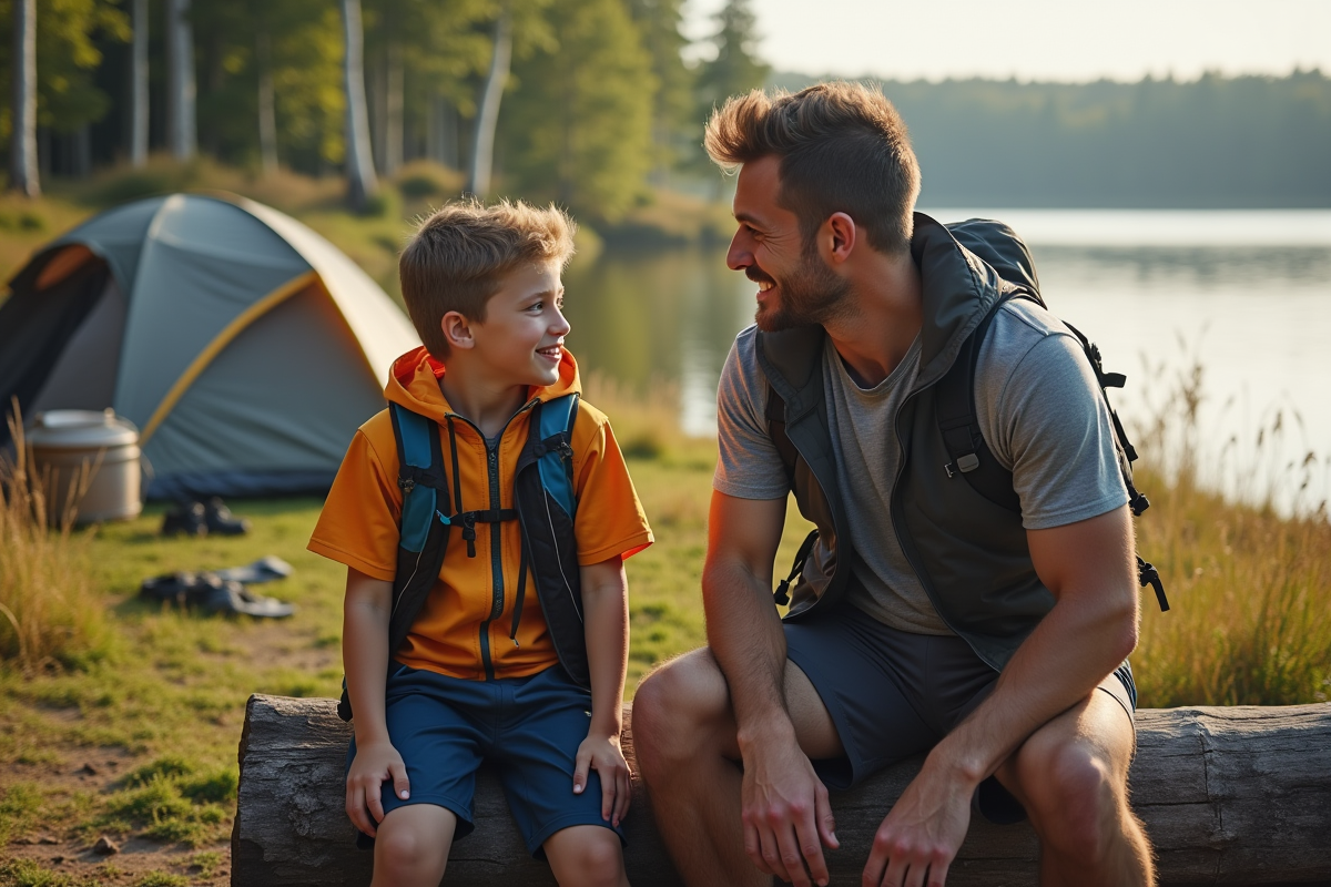 Père et fils en camping au bord du lac