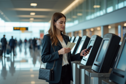 Femme à l'aéroport utilisant un kiosque d'enregistrement