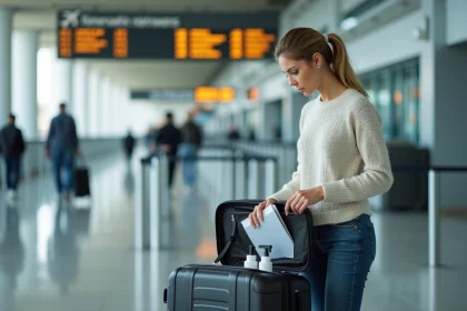 Femme préparant sa valise à l'aéroport dans un style casual