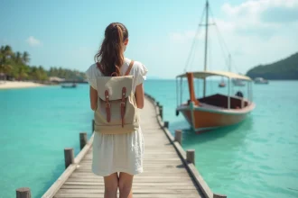 Jeune femme au port de Gili Air attend un bateau