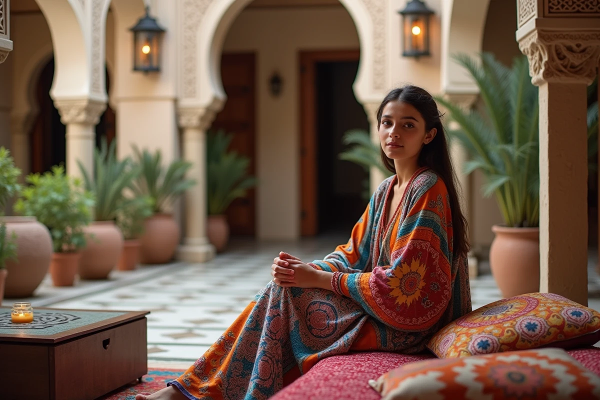 Jeune femme marocaine en kaftan dans la cour intérieure