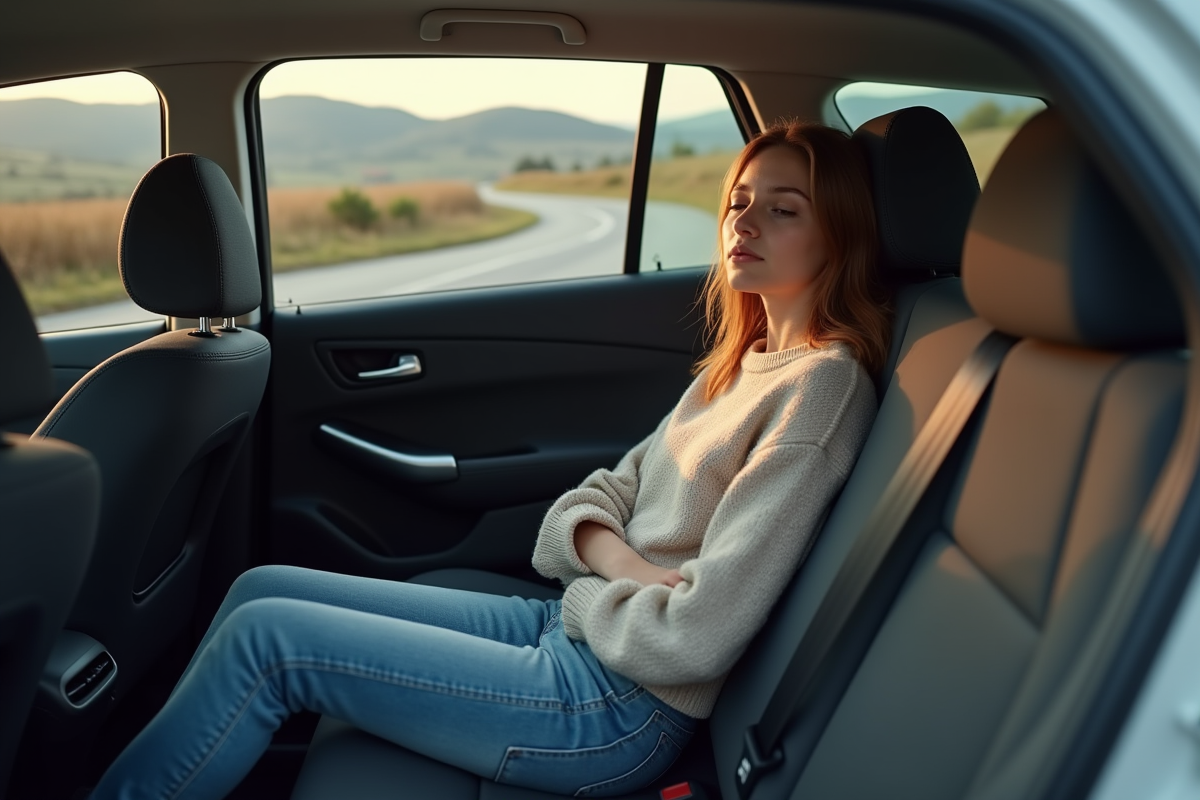 Jeune femme reposant dans une voiture en campagne européenne