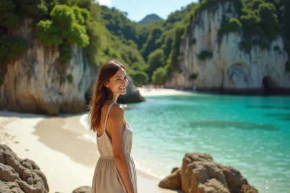 Jeune femme en robe lin admire la cote tropicale