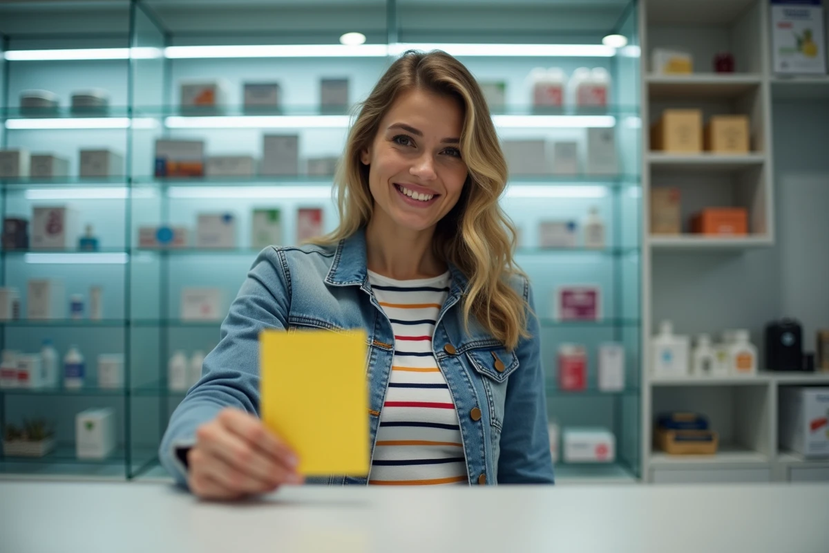 Femme souriante tendant une carte de vaccination à la pharmacie