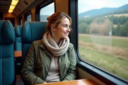 Jeune femme souriante regardant par la fenetre du train