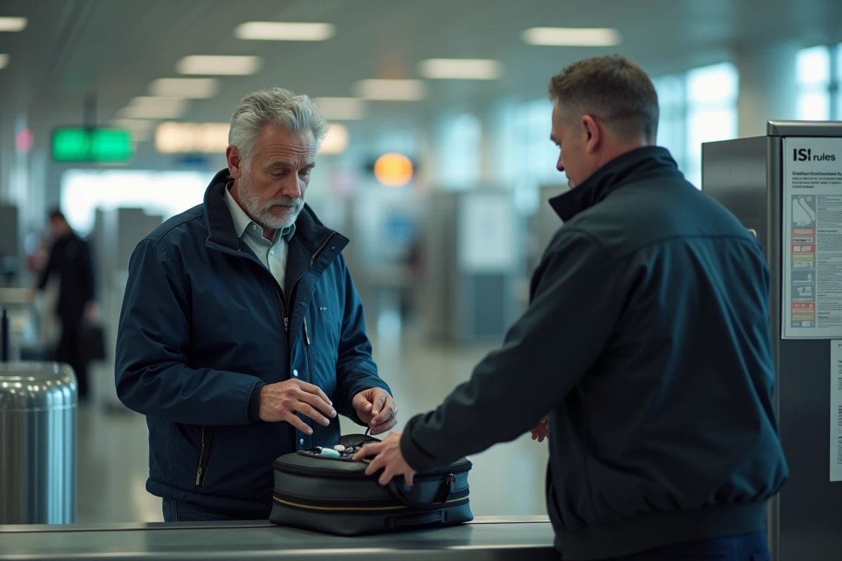 Homme contrôlant ses affaires au poste de sécurité à l