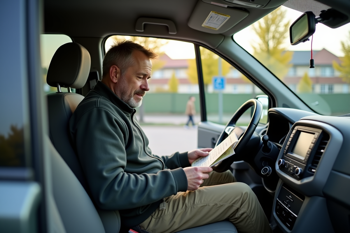 Homme lisant un guide de voyage dans une minivan en ville
