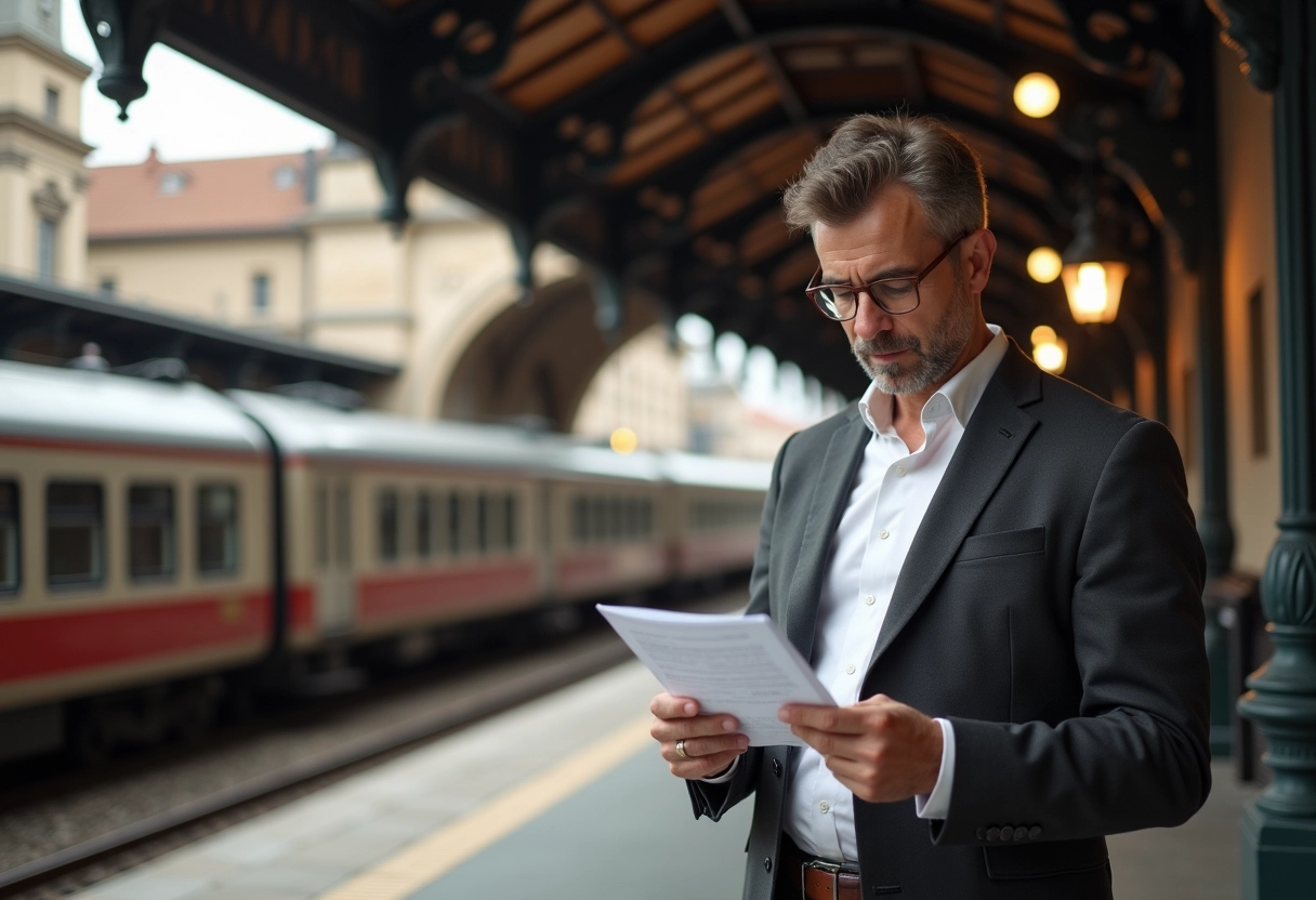 Homme d age vérifiant ses documents à la gare ancienne