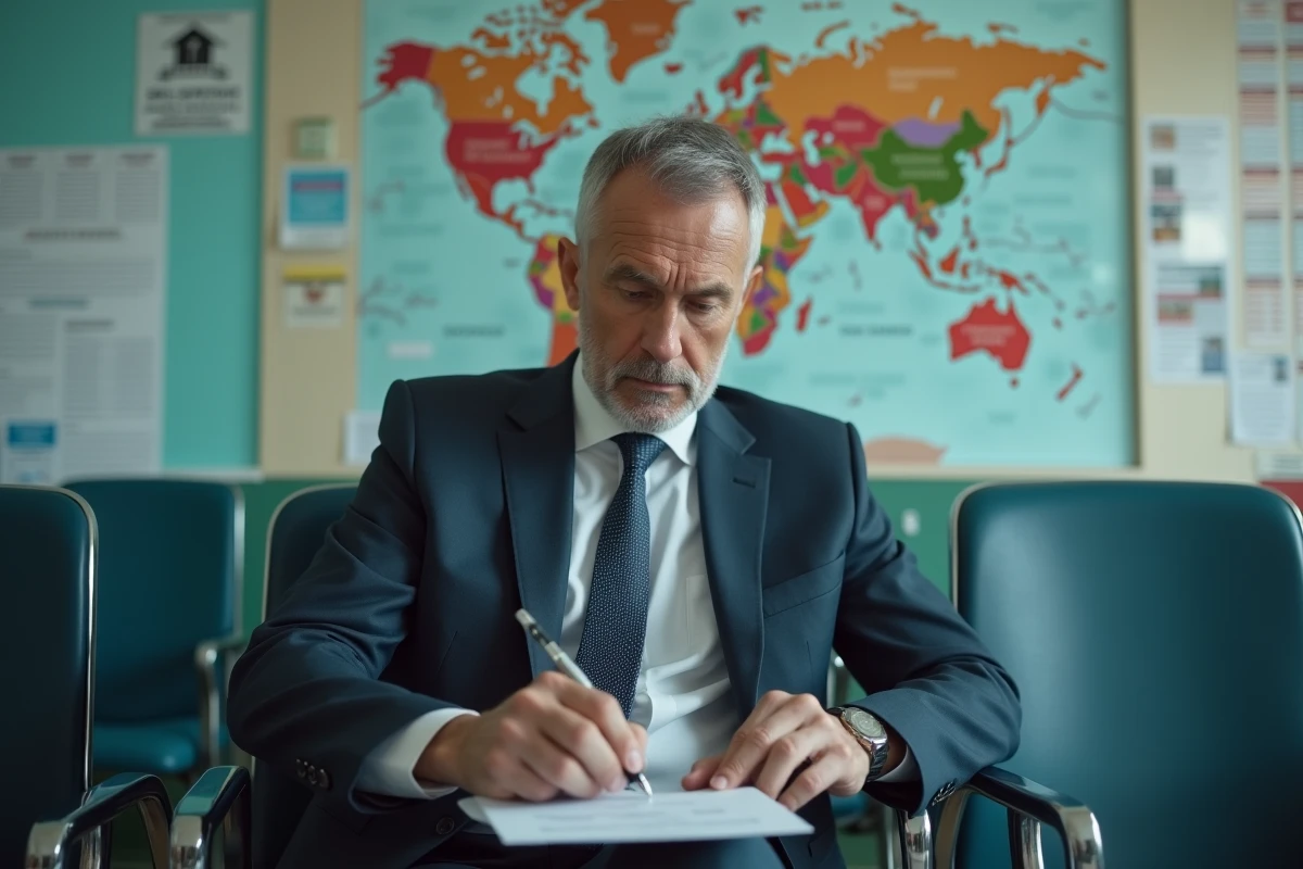 Homme en costume remplissant une carte de vaccination dans une salle d