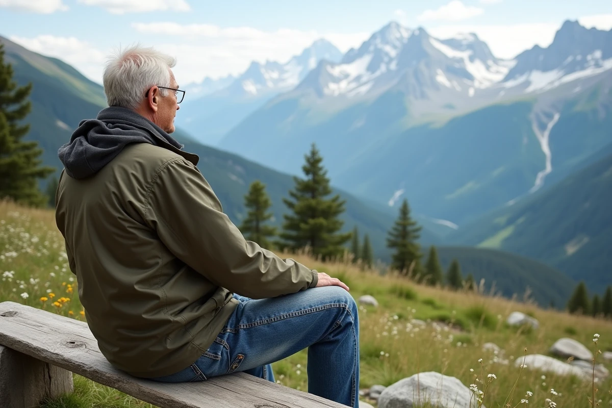 Homme age contemplant la vue montagne enneigee