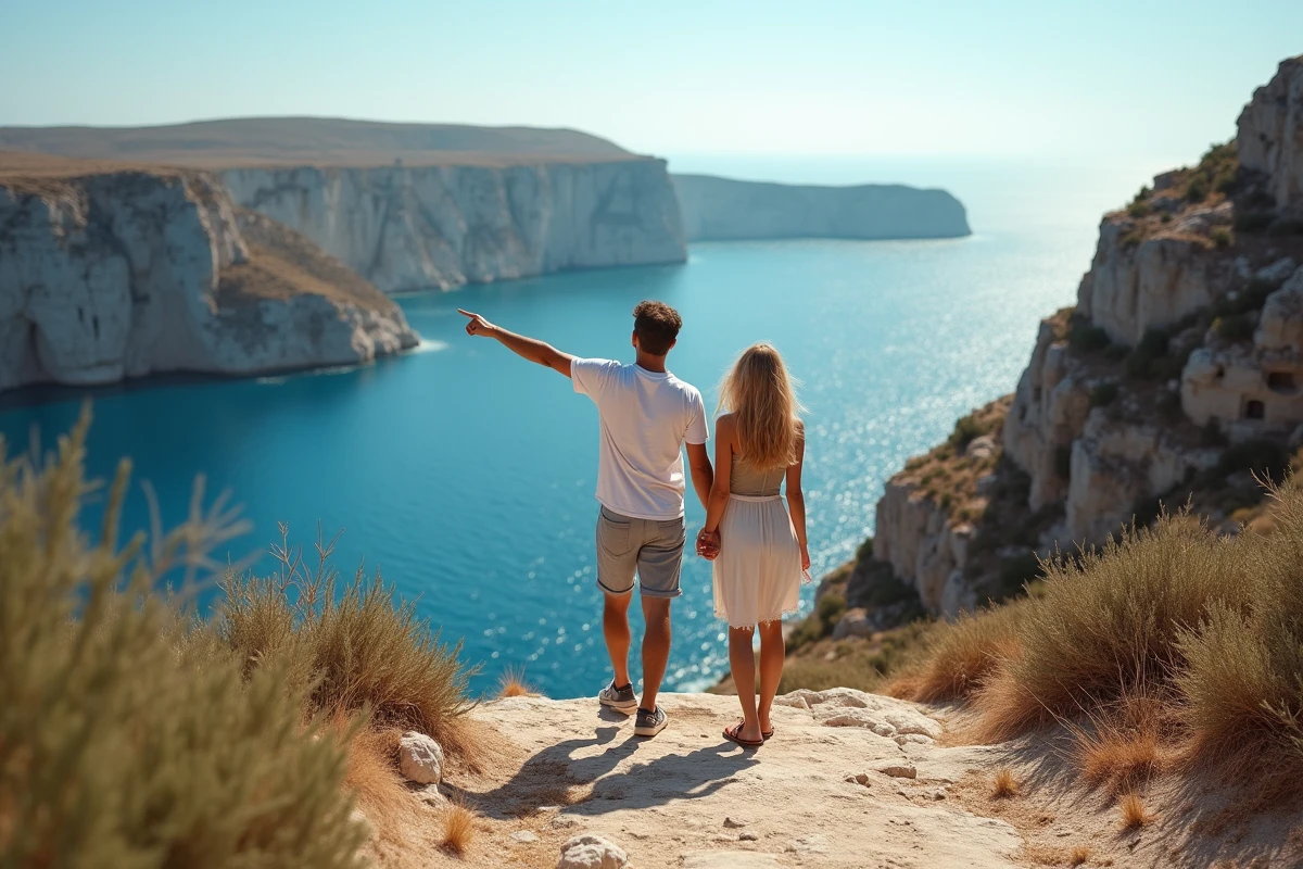 Jeune couple regardant la mer depuis les falaises de Dingli