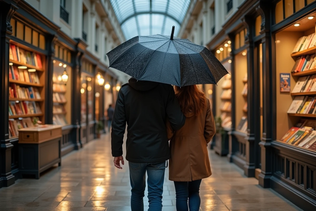 Jeune couple sous un parapluie dans la galerie Vivienne