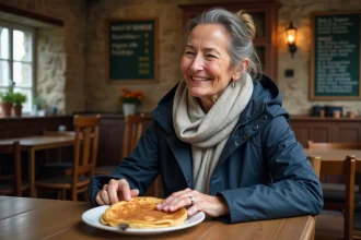 Femme souriante dégustant une crepe bretonne dans une crêperie