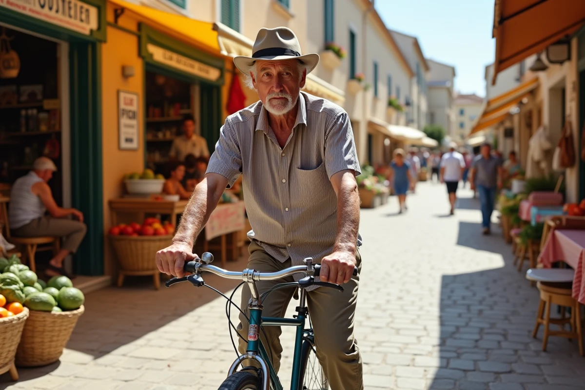 Cycliste âgé passant devant marché coloré leucate