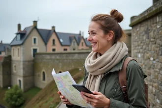 Femme souriante explorant les remparts médiévaux de Guérande