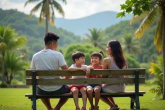 Famille philippine assise sur un banc dans un parc lush de Mindanao