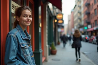 Jeune femme dans une rue de SoHo avec café coloré