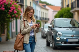 Jeune femme souriante avec voiture de location à Madeira