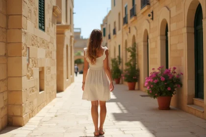 Femme en robe légère sur les escaliers de Mdina à Malte