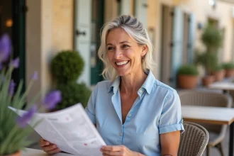 Femme française souriante au café de village leucate