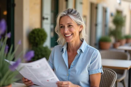 Femme française souriante au café de village leucate